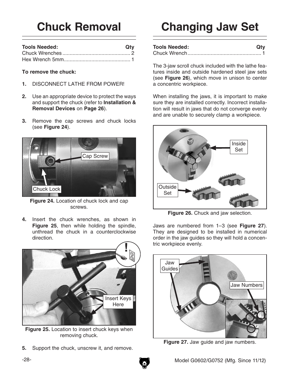 Chuck removal changing jaw set | Grizzly 10" x 22" Benchtop Lathe G0602 User Manual | Page 30 / 96