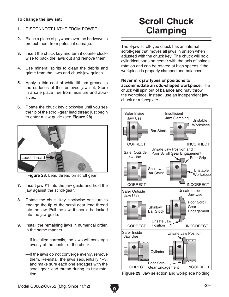 Scroll chuck clamping | Grizzly 10" x 22" Benchtop Lathe G0602 User Manual | Page 31 / 96