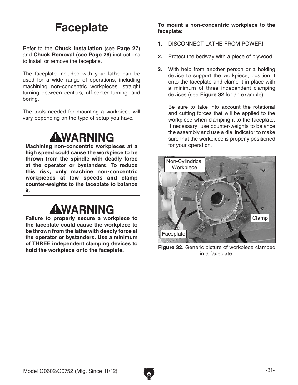 Faceplate | Grizzly 10" x 22" Benchtop Lathe G0602 User Manual | Page 33 / 96