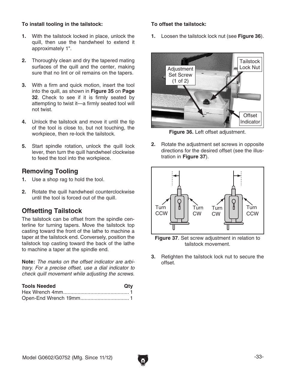 Removing tooling, Offsetting tailstock | Grizzly 10" x 22" Benchtop Lathe G0602 User Manual | Page 35 / 96