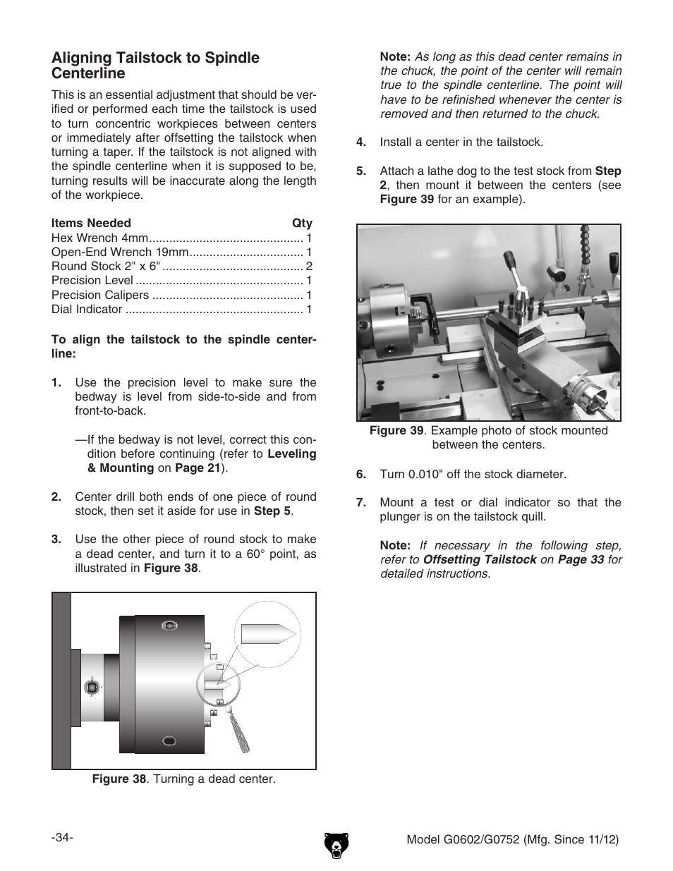 Aligning tailstock to spindle centerline | Grizzly 10" x 22" Benchtop Lathe G0602 User Manual | Page 36 / 96