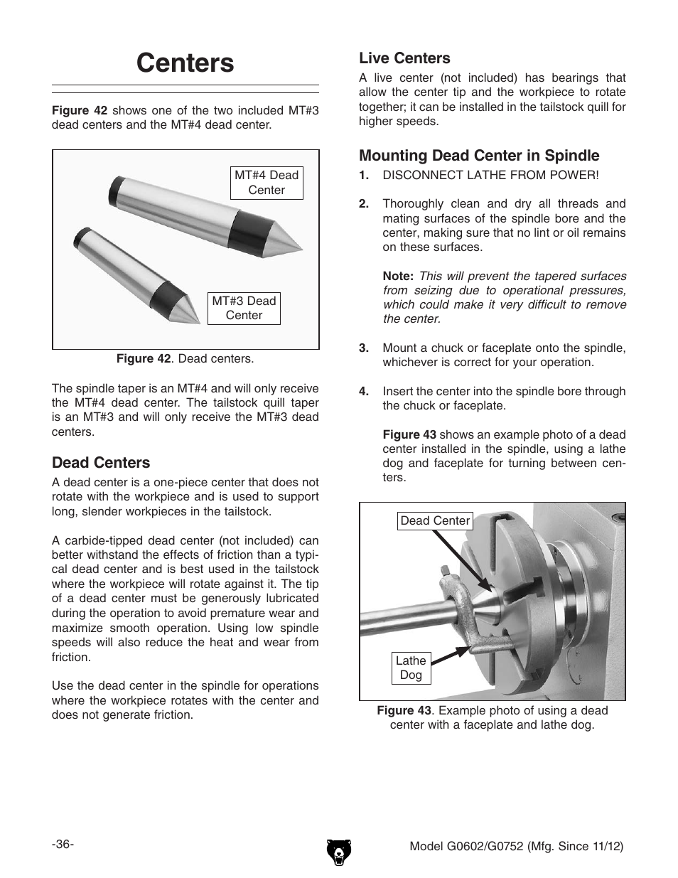 Centers | Grizzly 10" x 22" Benchtop Lathe G0602 User Manual | Page 38 / 96