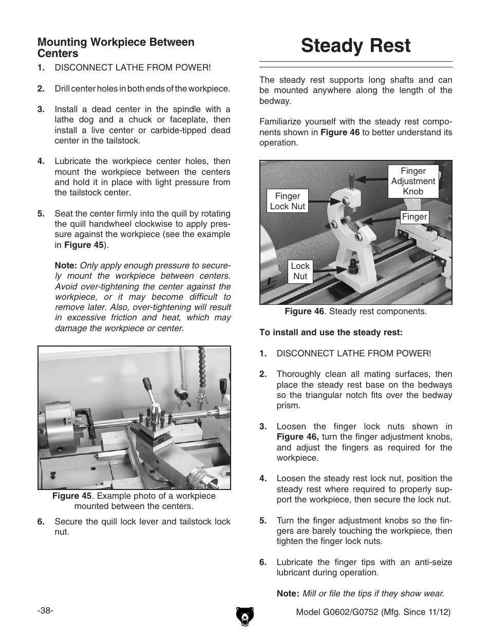 Steady rest | Grizzly 10" x 22" Benchtop Lathe G0602 User Manual | Page 40 / 96