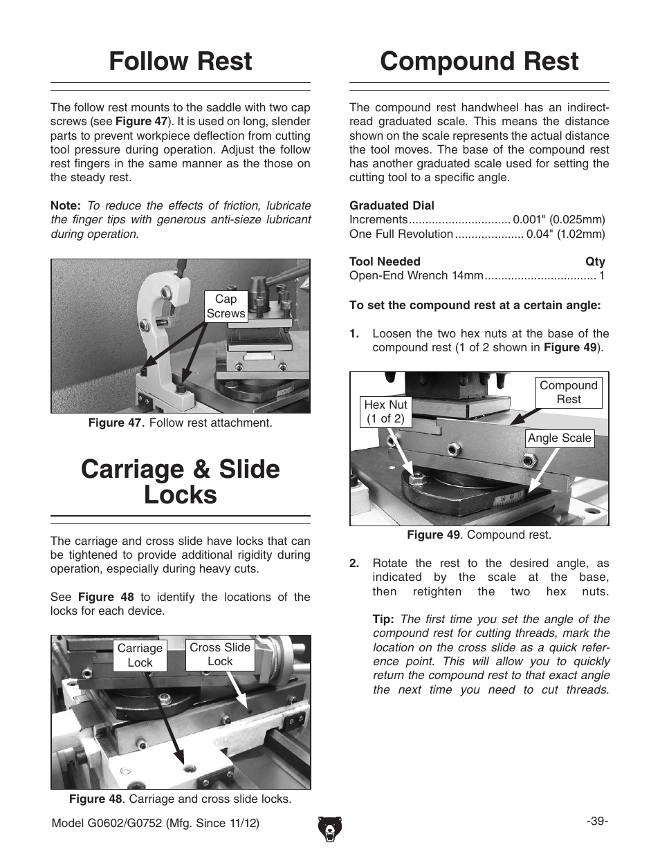 Follow rest, Carriage & slide locks, Compound rest | Grizzly 10" x 22" Benchtop Lathe G0602 User Manual | Page 41 / 96