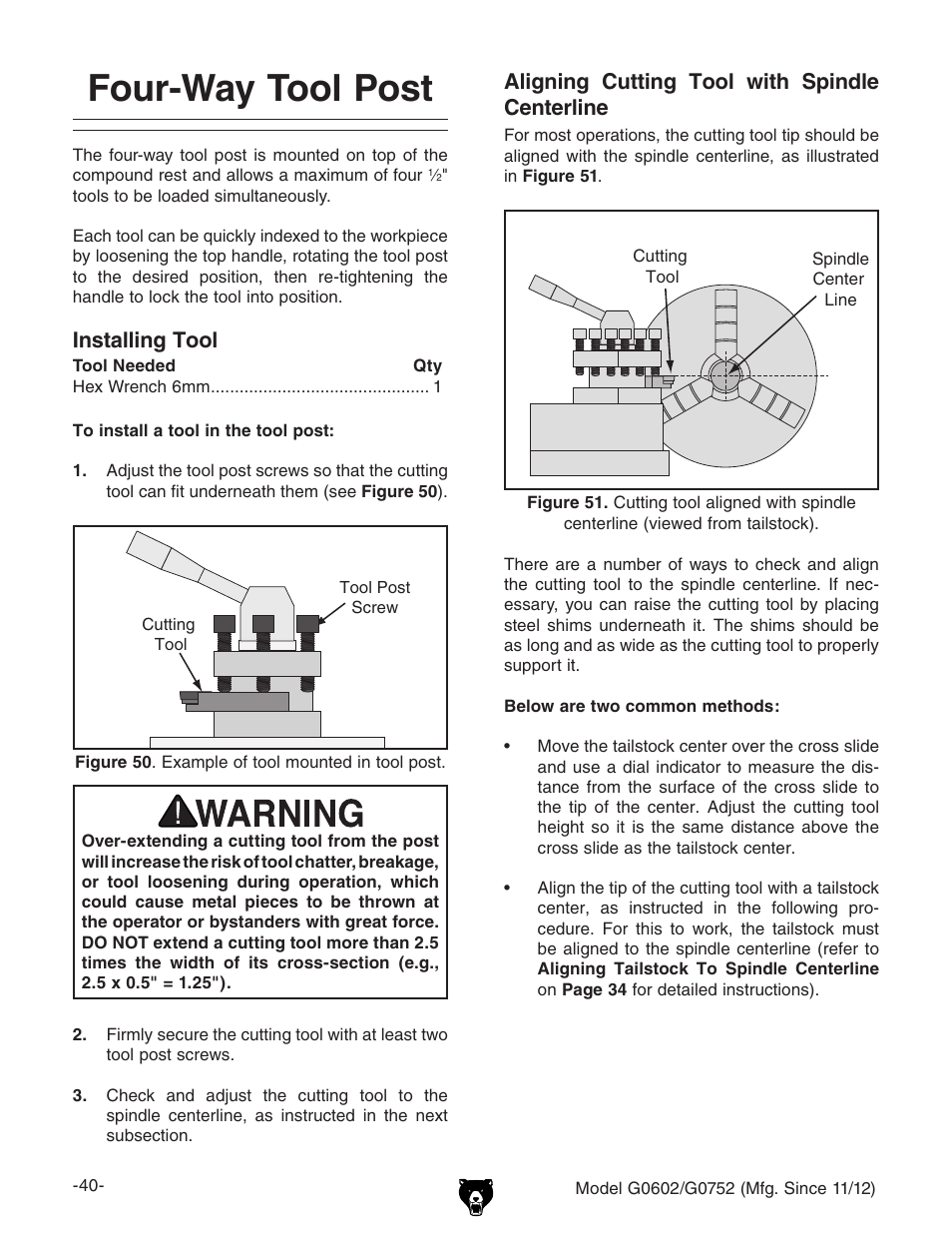 Four-way tool post, Installing tool, Aligning cutting tool with spindle centerline | Grizzly 10" x 22" Benchtop Lathe G0602 User Manual | Page 42 / 96