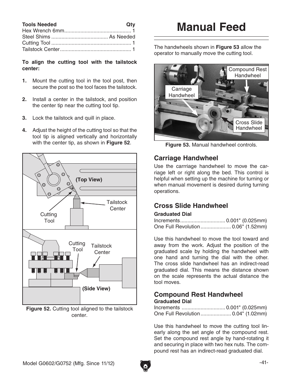 Manual feed | Grizzly 10" x 22" Benchtop Lathe G0602 User Manual | Page 43 / 96