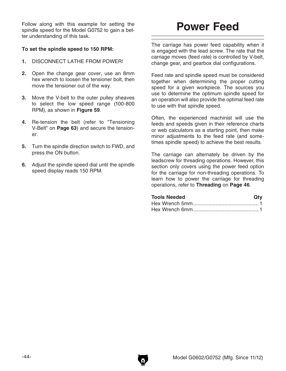 Power feed | Grizzly 10" x 22" Benchtop Lathe G0602 User Manual | Page 46 / 96