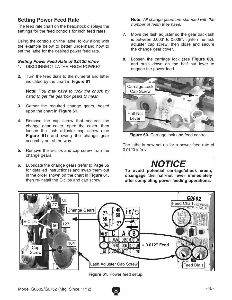 Setting power feed rate | Grizzly 10" x 22" Benchtop Lathe G0602 User Manual | Page 47 / 96