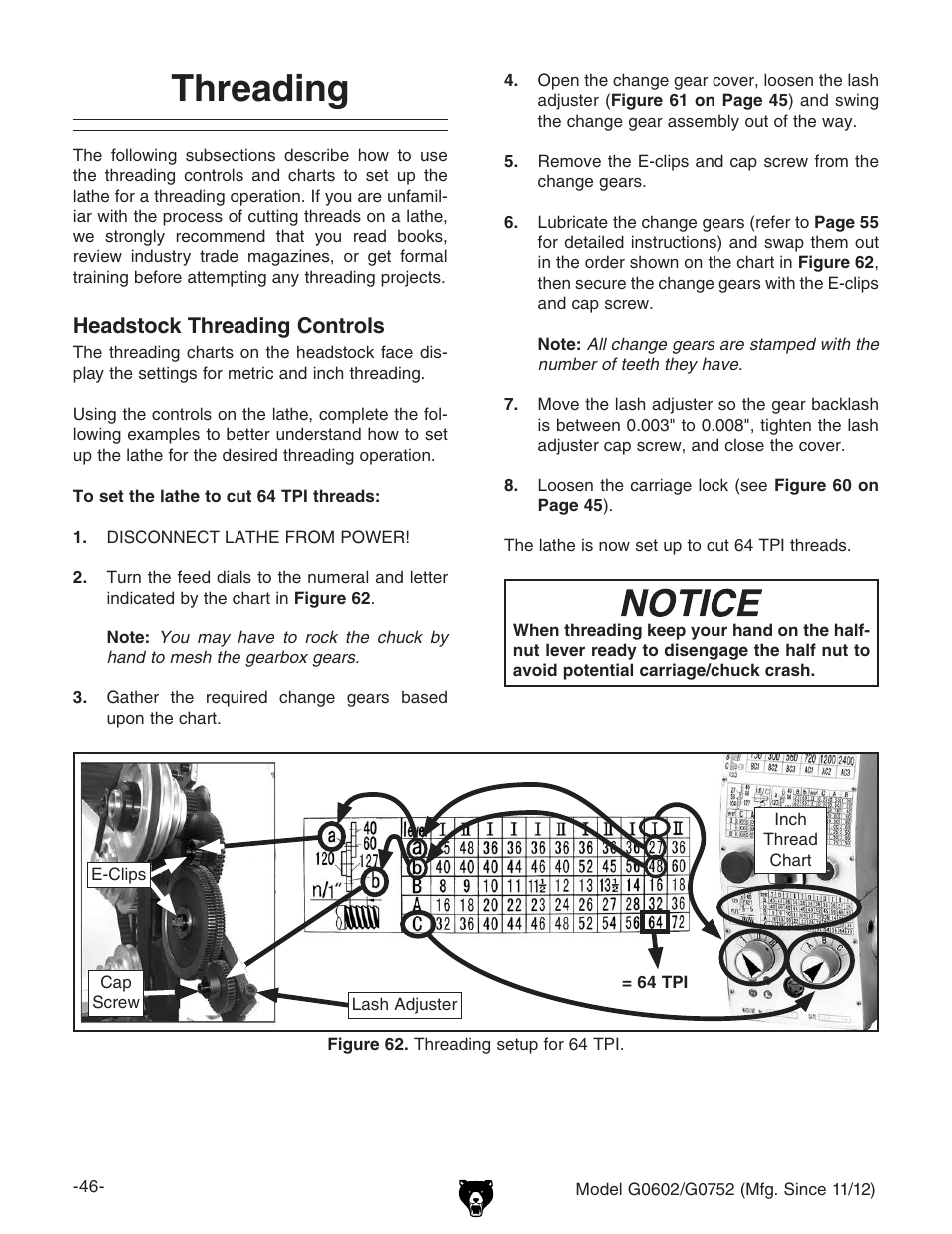 Threading, Headstock threading controls | Grizzly 10" x 22" Benchtop Lathe G0602 User Manual | Page 48 / 96