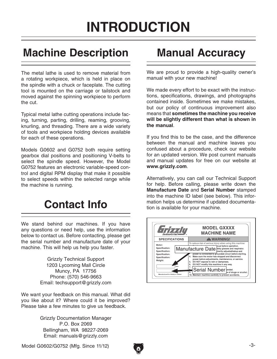 Introduction, Machine description, Manual accuracy | Contact info | Grizzly 10" x 22" Benchtop Lathe G0602 User Manual | Page 5 / 96
