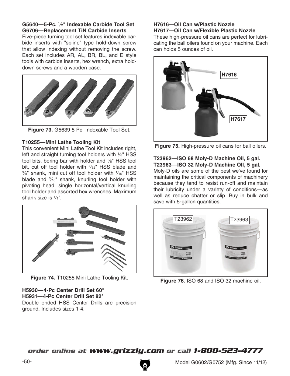 Order online at, Or call | Grizzly 10" x 22" Benchtop Lathe G0602 User Manual | Page 52 / 96