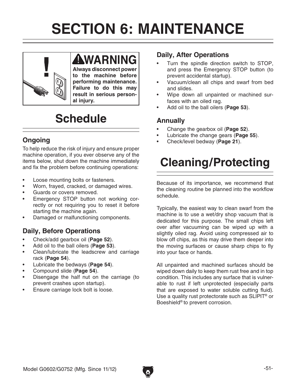 Schedule, Cleaning/protecting | Grizzly 10" x 22" Benchtop Lathe G0602 User Manual | Page 53 / 96
