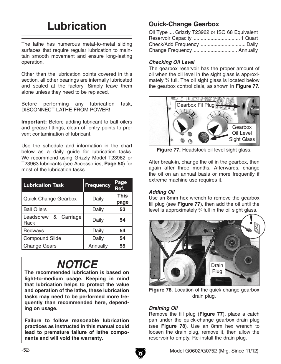 Lubrication, Notice, Quick-change gearbox | Grizzly 10" x 22" Benchtop Lathe G0602 User Manual | Page 54 / 96