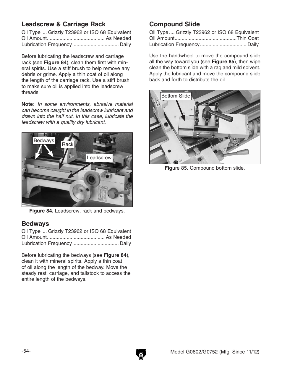 Leadscrew & carriage rack, Compound slide, Bedways | Grizzly 10" x 22" Benchtop Lathe G0602 User Manual | Page 56 / 96