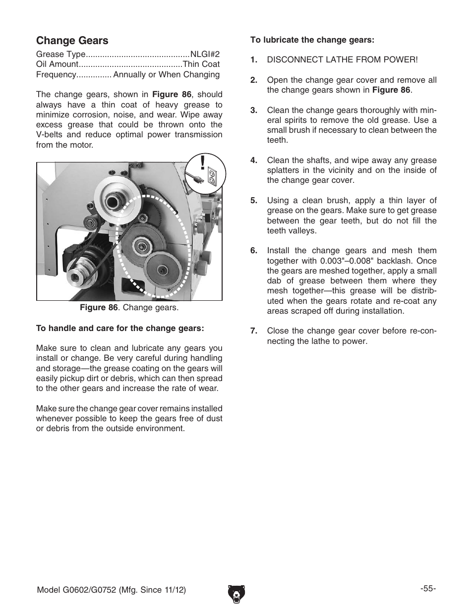 Change gears | Grizzly 10" x 22" Benchtop Lathe G0602 User Manual | Page 57 / 96