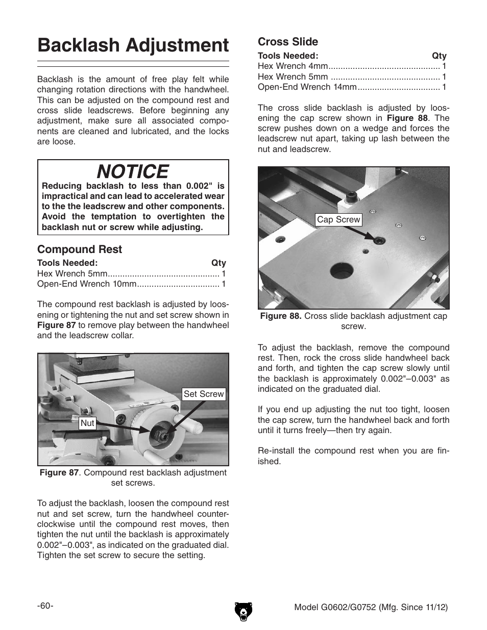 Backlash adjustment | Grizzly 10" x 22" Benchtop Lathe G0602 User Manual | Page 62 / 96