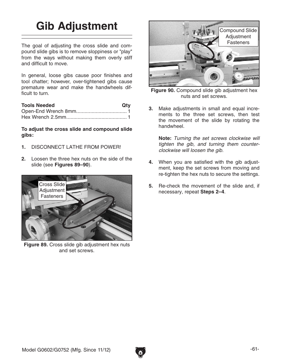 Gib adjustment | Grizzly 10" x 22" Benchtop Lathe G0602 User Manual | Page 63 / 96