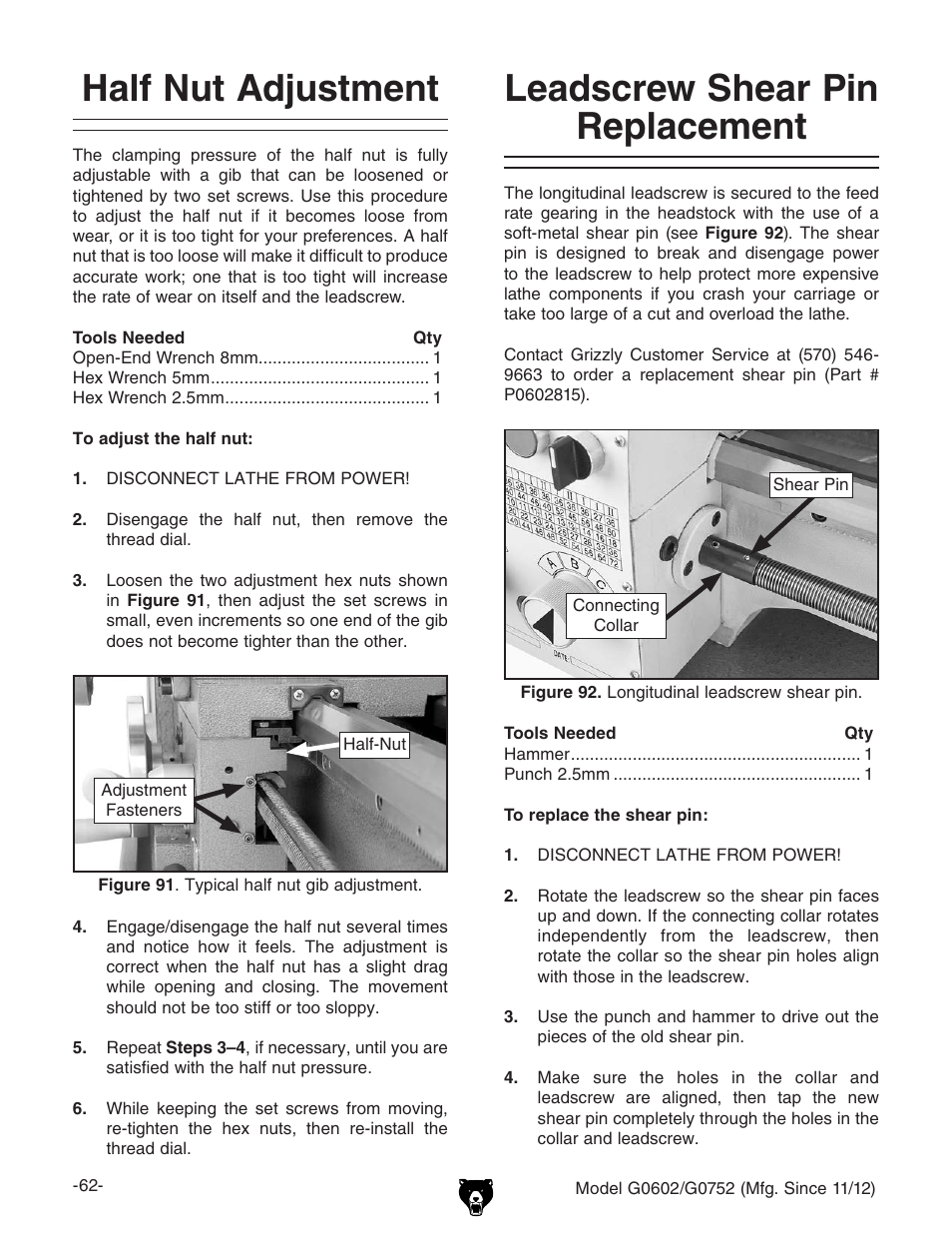 Half nut adjustment, Leadscrew shear pin replacement | Grizzly 10" x 22" Benchtop Lathe G0602 User Manual | Page 64 / 96