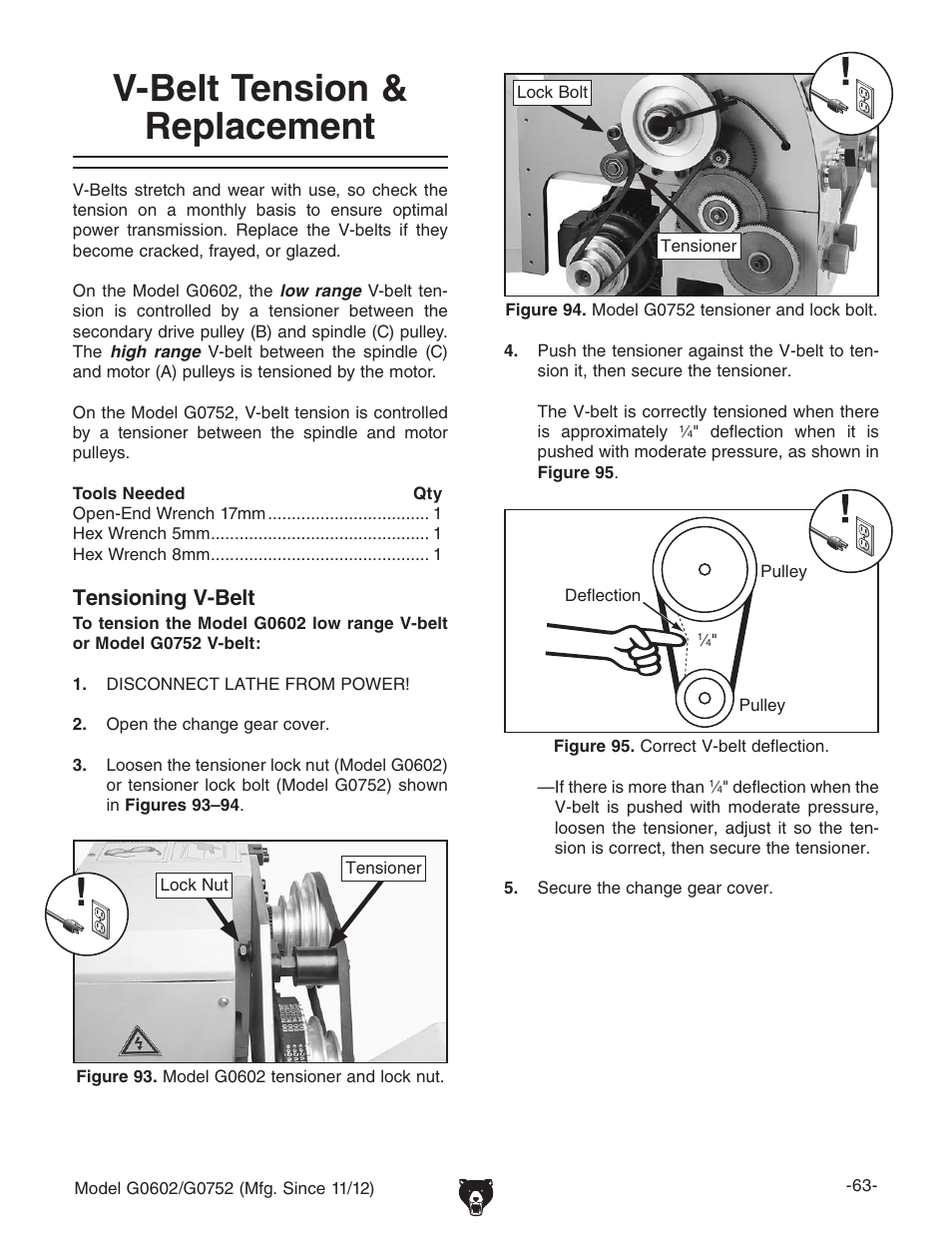 V-belt tension & replacement, Tensioning v-belt | Grizzly 10" x 22" Benchtop Lathe G0602 User Manual | Page 65 / 96