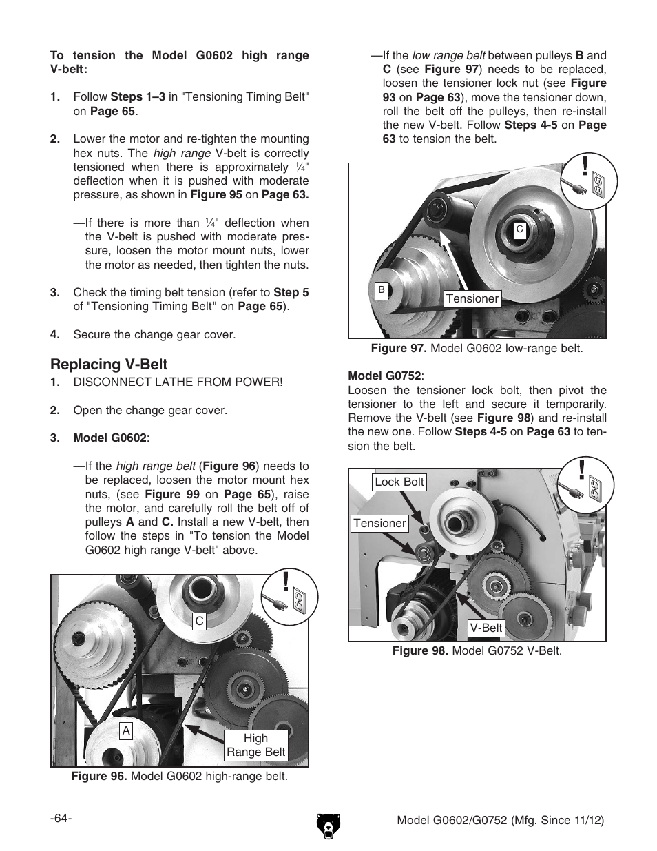 Replacing v-belt | Grizzly 10" x 22" Benchtop Lathe G0602 User Manual | Page 66 / 96