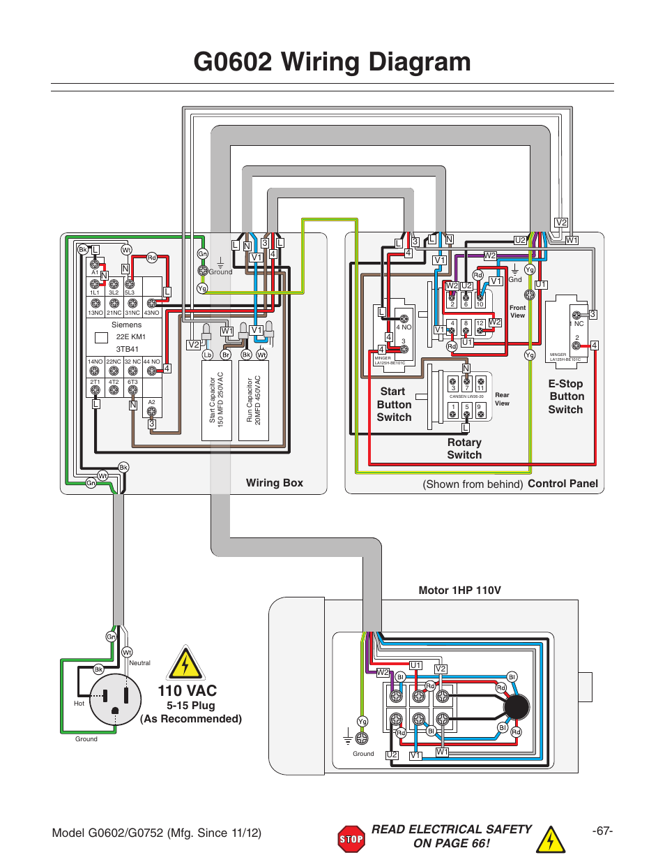 G0602 wiring diagram, 110 vac, Motor 1hp 110v | 15 plug (as recommended) control panel wiring box, Shown from behind) | Grizzly 10" x 22" Benchtop Lathe G0602 User Manual | Page 69 / 96