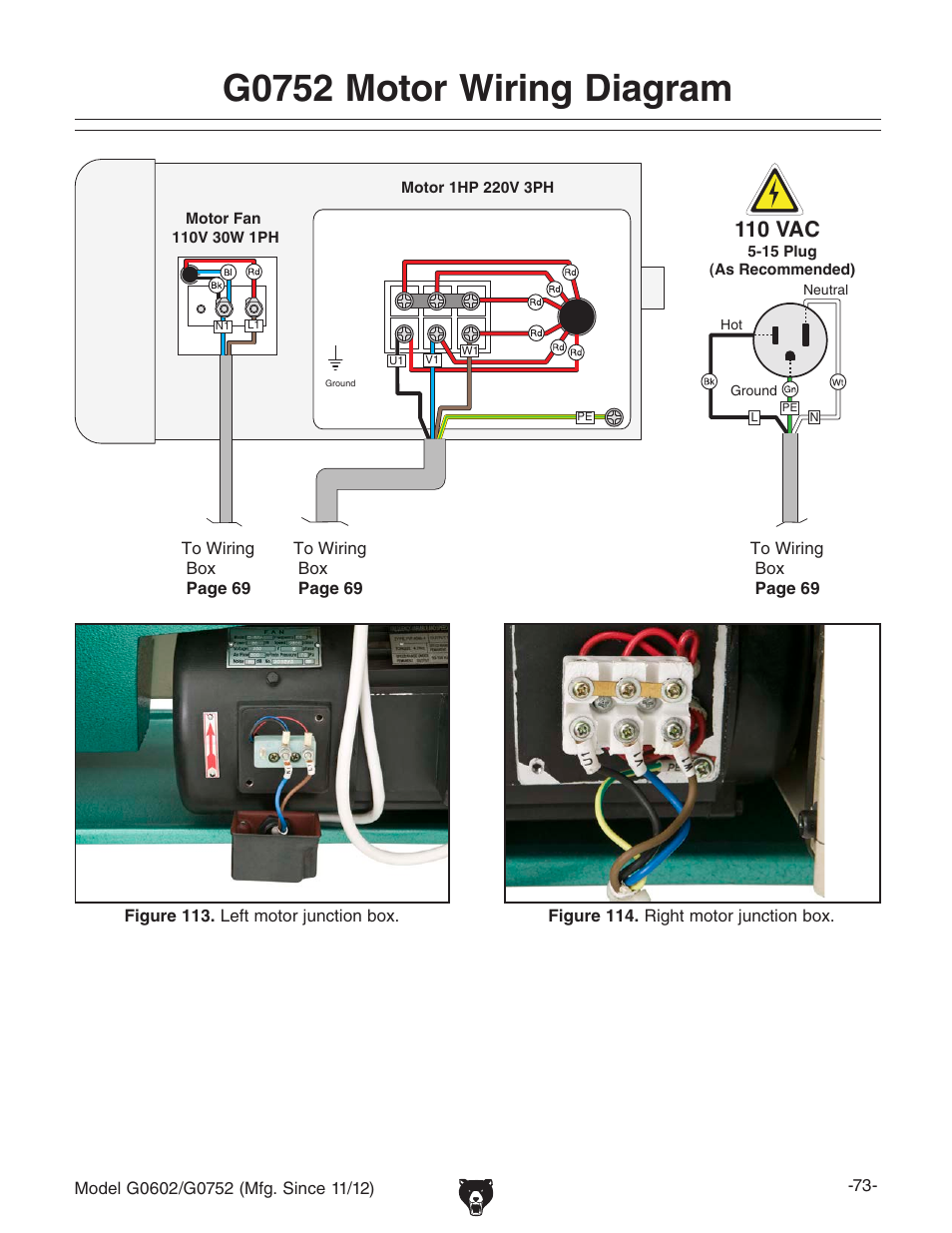 G0752 motor wiring diagram, 110 vac | Grizzly 10" x 22" Benchtop Lathe G0602 User Manual | Page 75 / 96