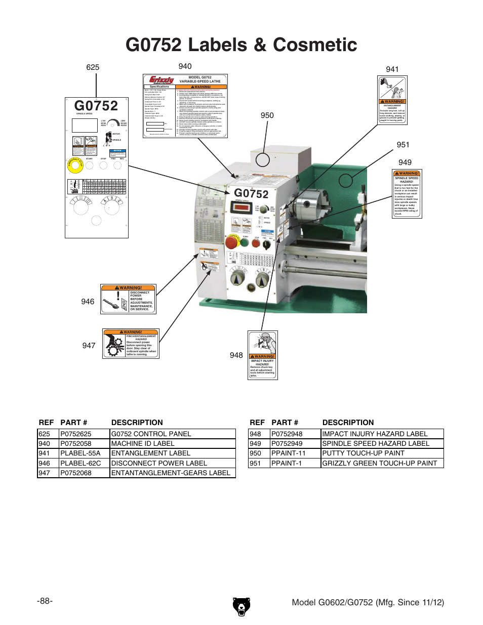 G0752 labels & cosmetic, G0752, G0752 machine labels b | Ref part # description ref part # description | Grizzly 10" x 22" Benchtop Lathe G0602 User Manual | Page 90 / 96