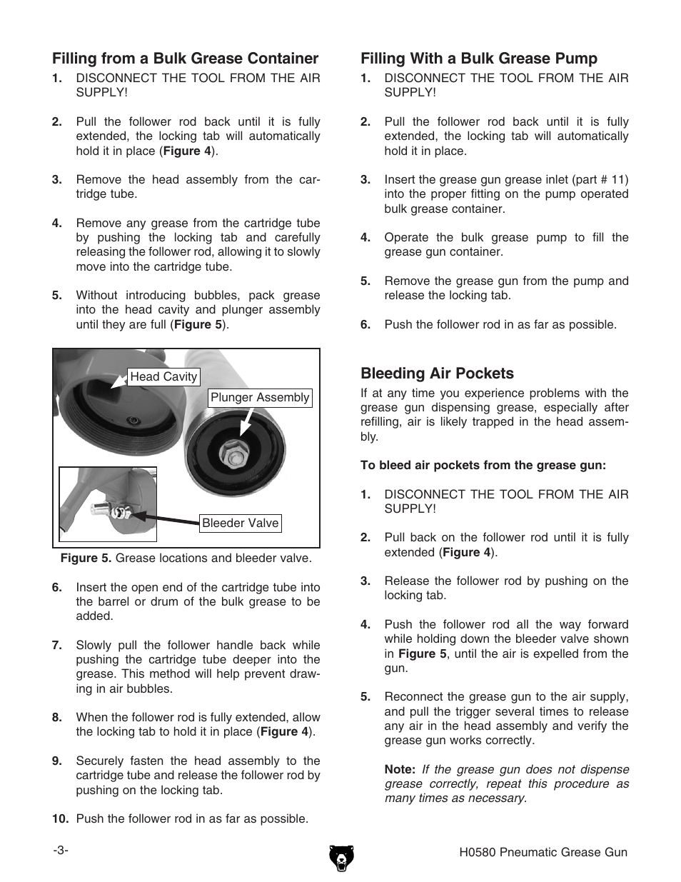 Filling with a bulk grease pump, Bleeding air pockets, Filling from a bulk grease container | Grizzly H0580 User Manual | Page 3 / 4