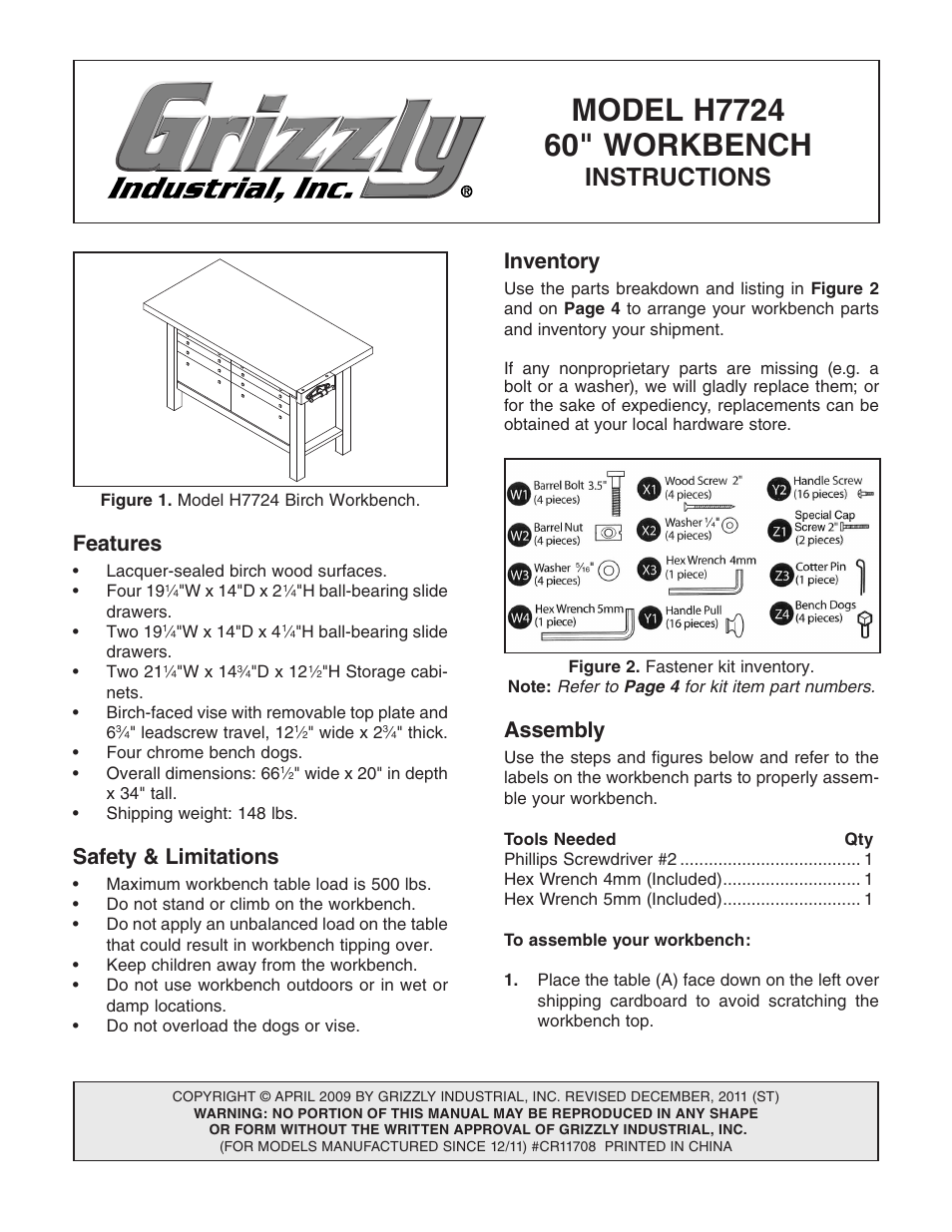 Grizzly 60" WORKBENCH H7724 User Manual | 5 pages