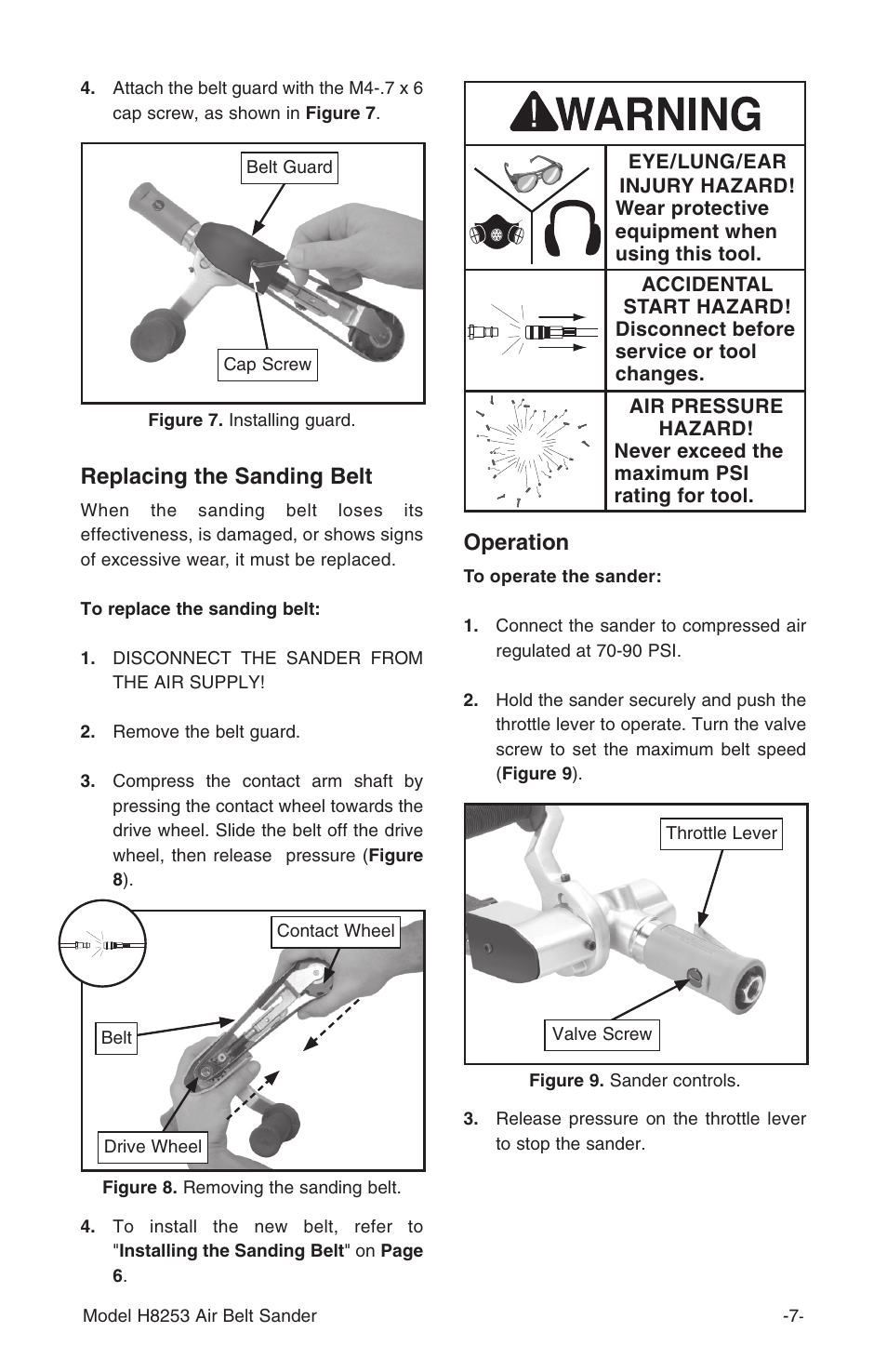 Replacing the sanding belt, Operation | Grizzly H8253 User Manual | Page 9 / 16