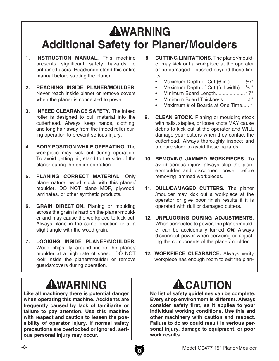 Additional safety for planer/moulders | Grizzly G0477 User Manual | Page 10 / 48
