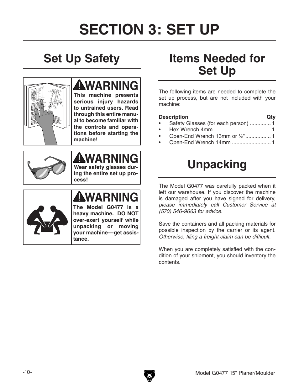 Set up safety, Items needed for set up, Unpacking | Grizzly G0477 User Manual | Page 12 / 48