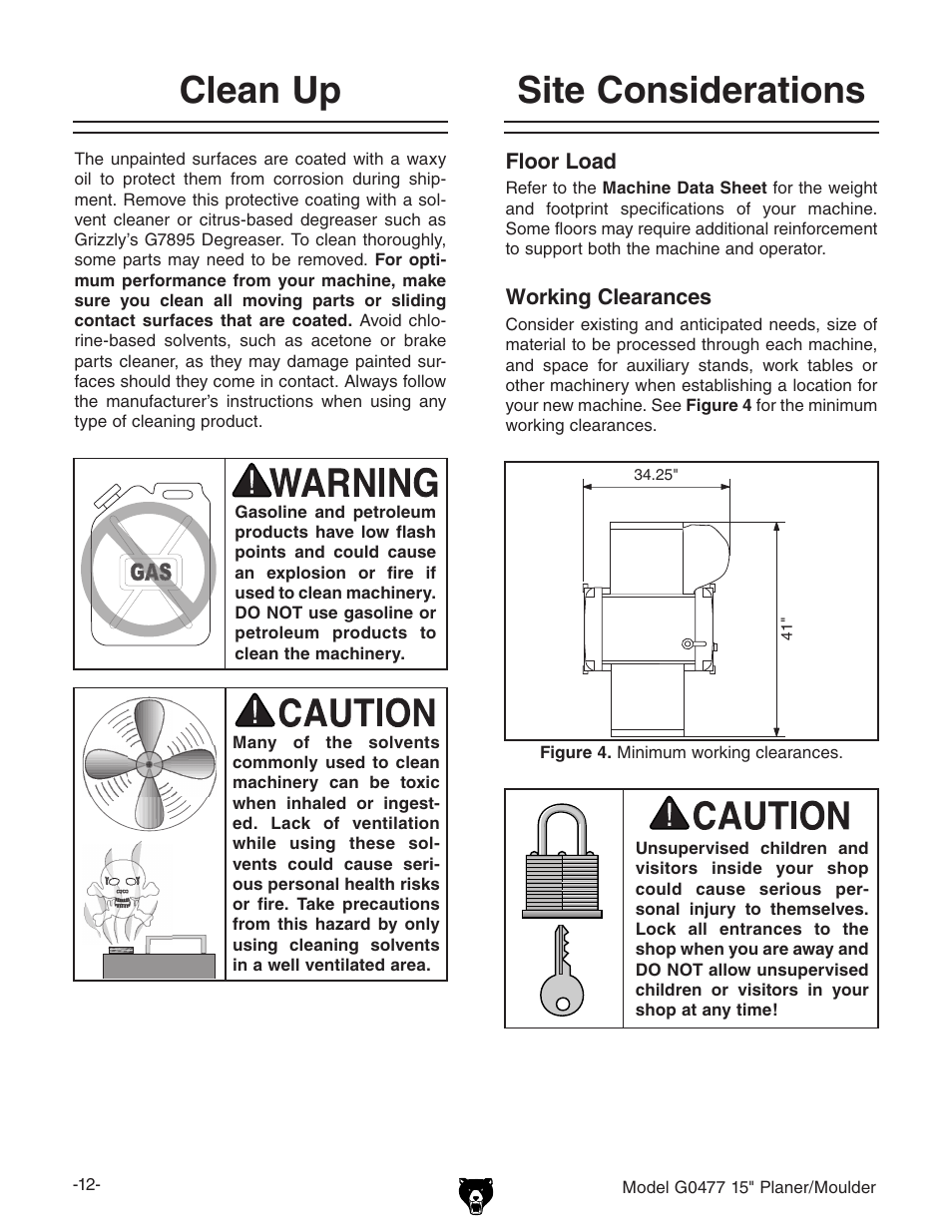 Site considerations, Clean up | Grizzly G0477 User Manual | Page 14 / 48
