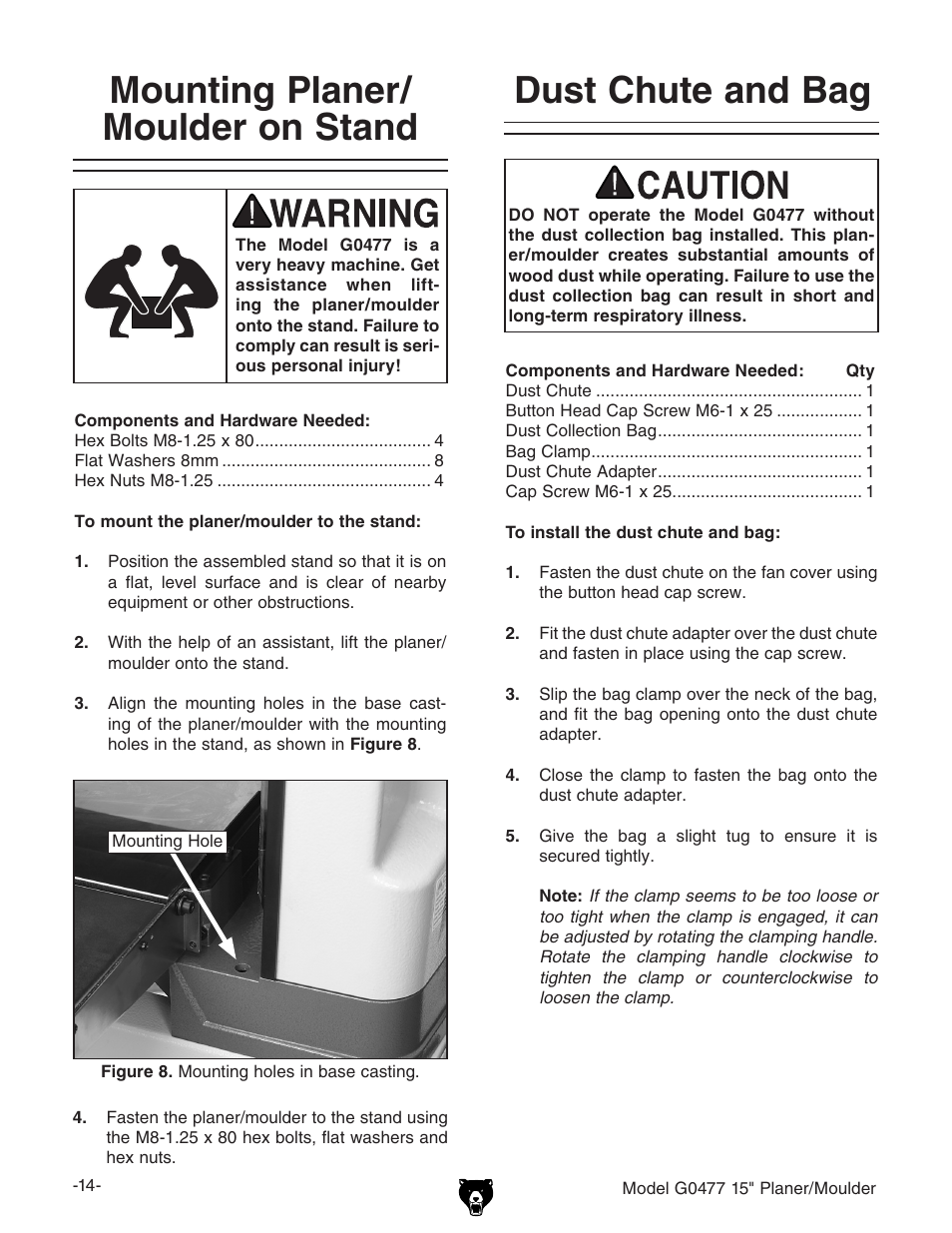 Mounting planer/ moulder on stand, Dust chute and bag | Grizzly G0477 User Manual | Page 16 / 48