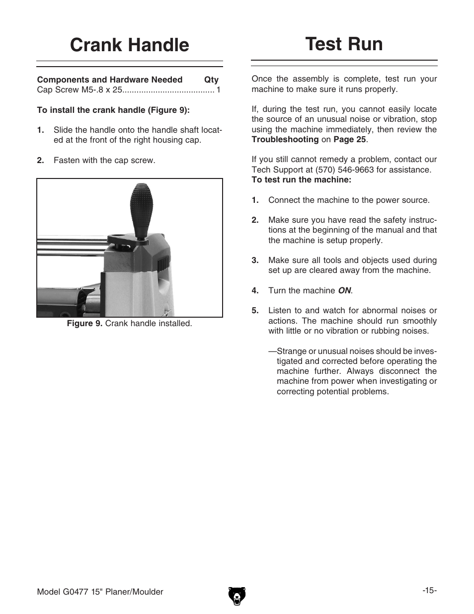 Test run, Crank handle | Grizzly G0477 User Manual | Page 17 / 48