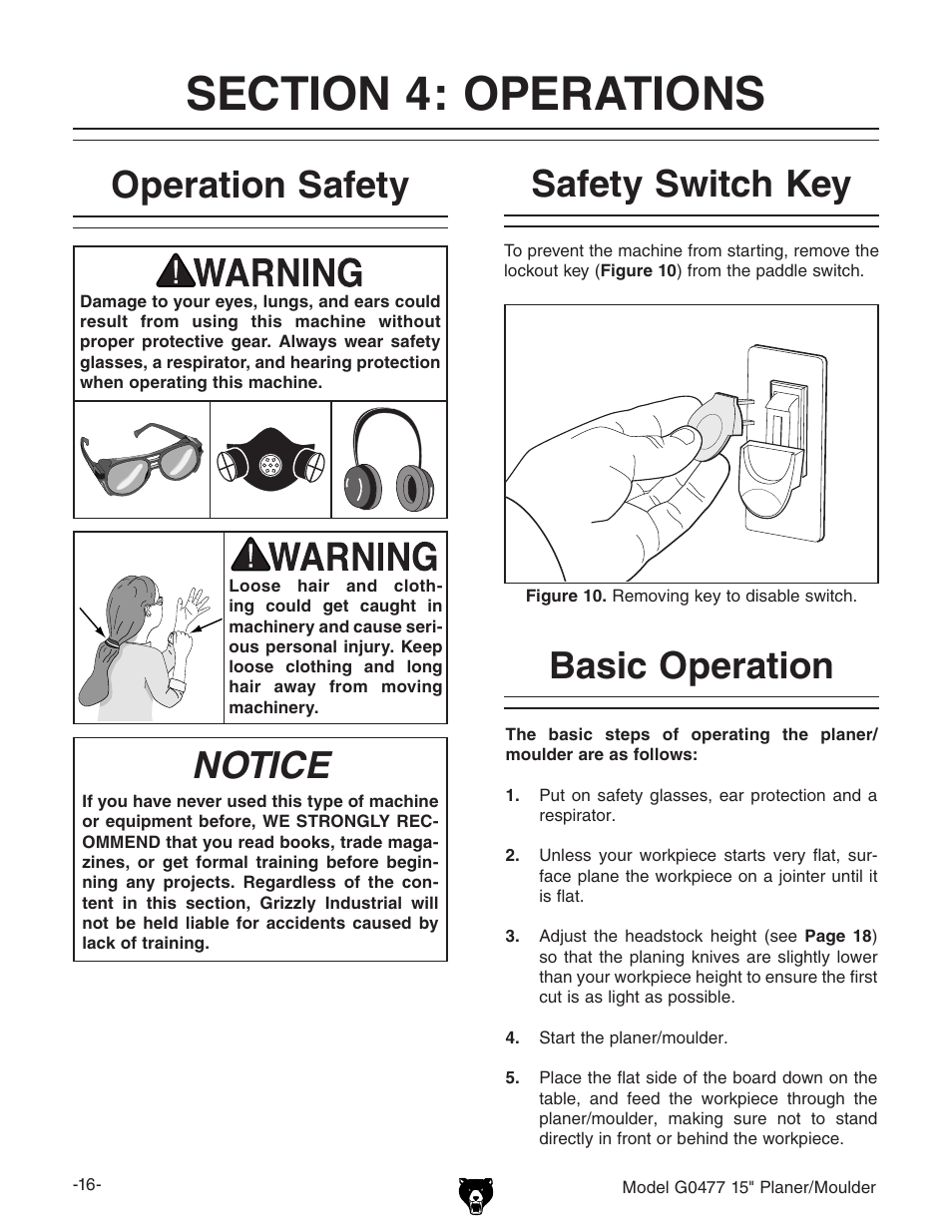 Operation safety, Notice, Safety switch key | Basic operation | Grizzly G0477 User Manual | Page 18 / 48