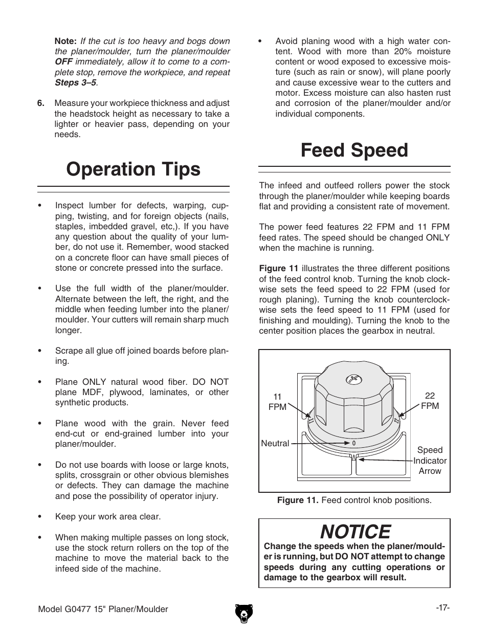 Operation tips, Feed speed, Notice | Grizzly G0477 User Manual | Page 19 / 48