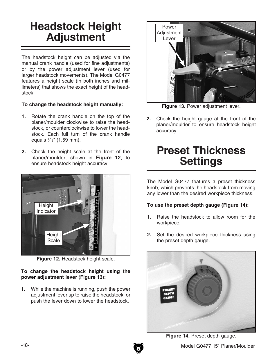 Headstock height adjustment, Preset thickness settings | Grizzly G0477 User Manual | Page 20 / 48