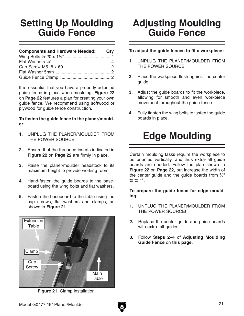 Setting up moulding guide fence, Adjusting moulding guide fence edge moulding | Grizzly G0477 User Manual | Page 23 / 48