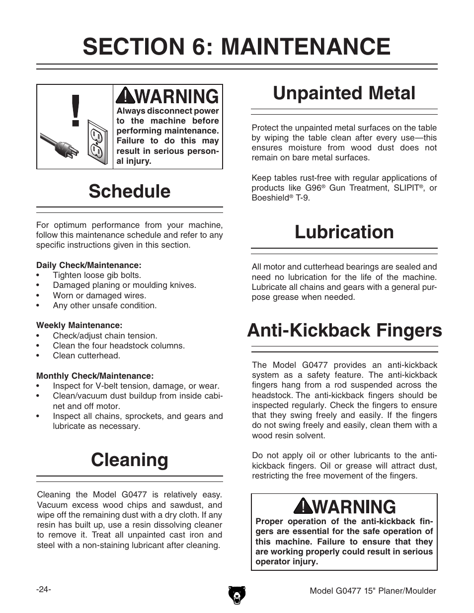 Schedule, Cleaning, Unpainted metal | Lubrication anti-kickback fingers | Grizzly G0477 User Manual | Page 26 / 48