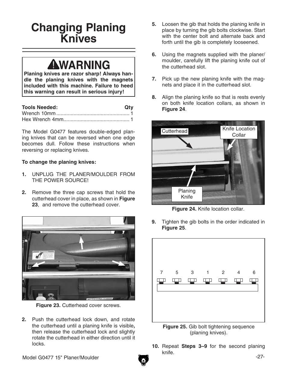 Changing planing knives | Grizzly G0477 User Manual | Page 29 / 48