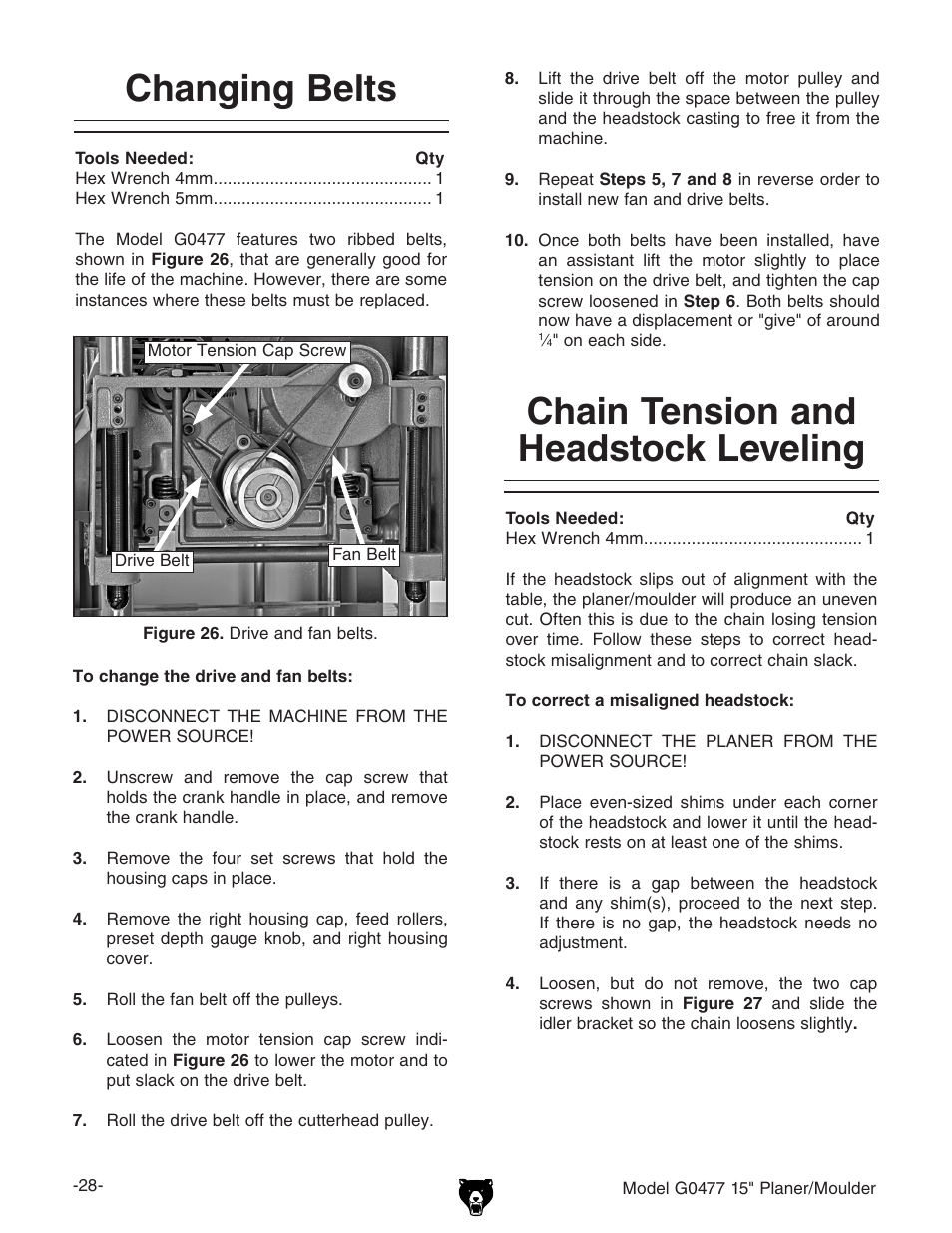 Changing belts, Chain tension and headstock leveling | Grizzly G0477 User Manual | Page 30 / 48