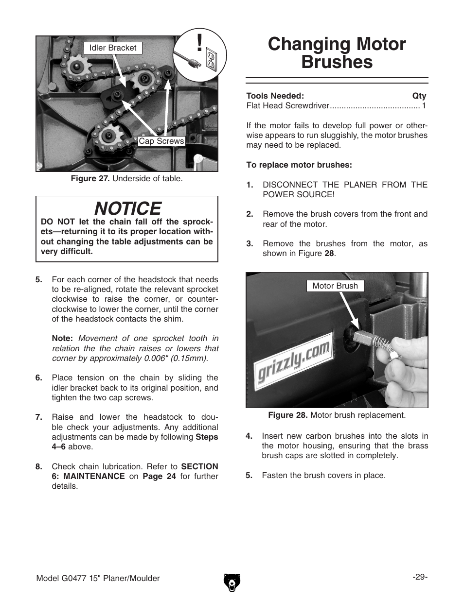 Notice, Changing motor brushes | Grizzly G0477 User Manual | Page 31 / 48