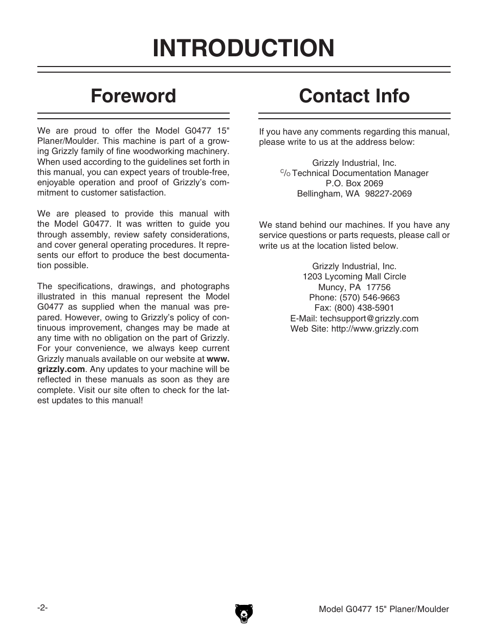 Introduction, Foreword, Contact info | Grizzly G0477 User Manual | Page 4 / 48