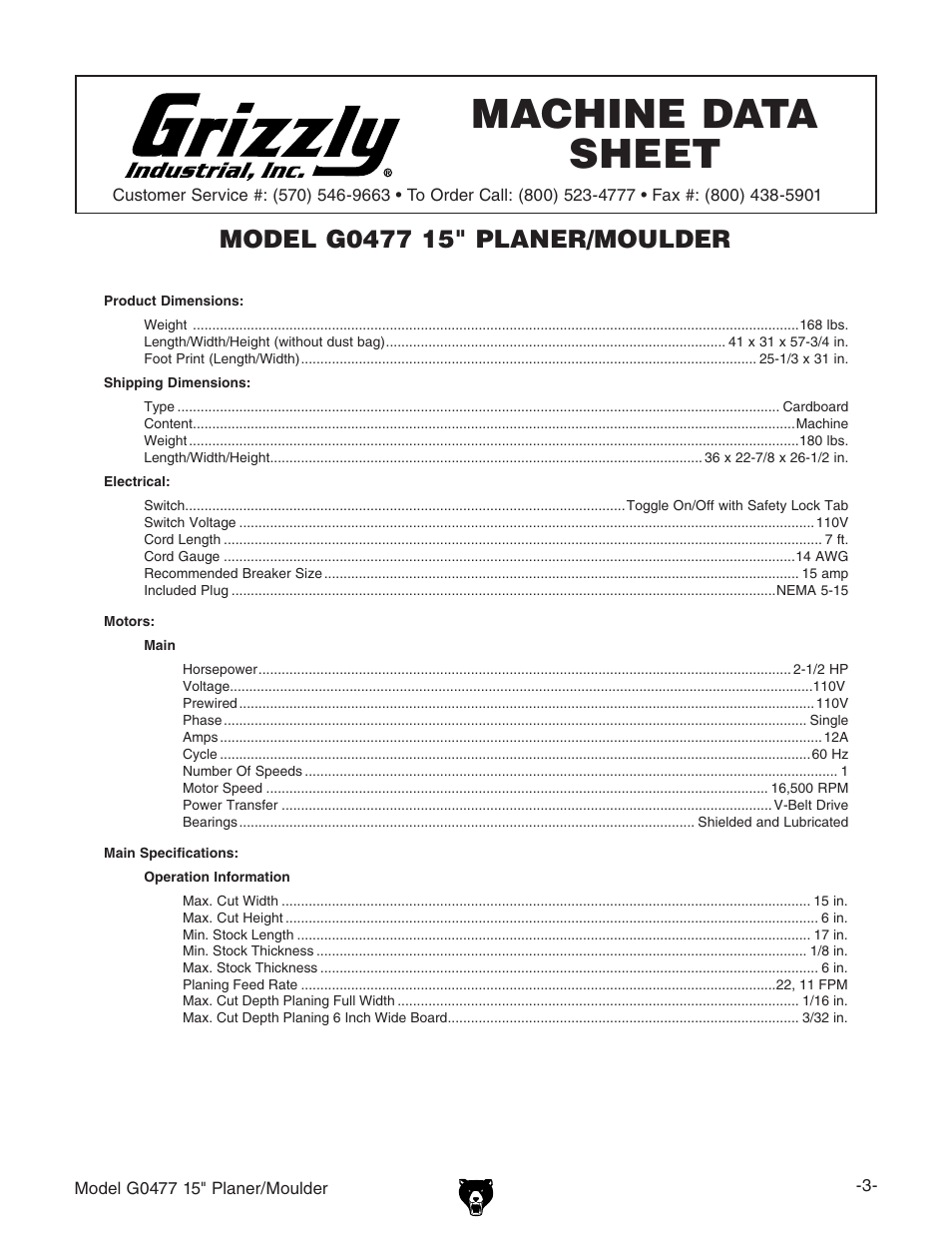 Machine data sheet | Grizzly G0477 User Manual | Page 5 / 48