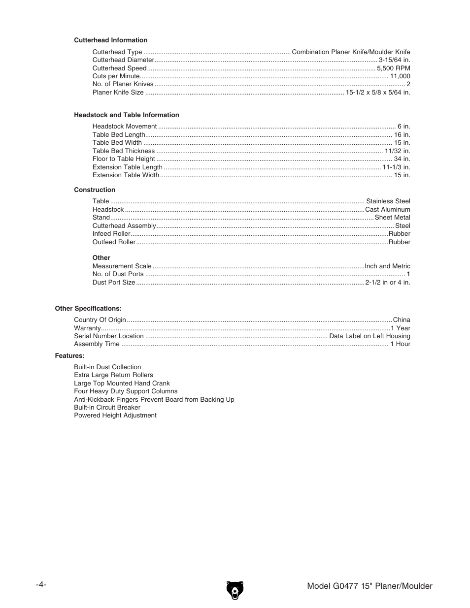 Grizzly G0477 User Manual | Page 6 / 48