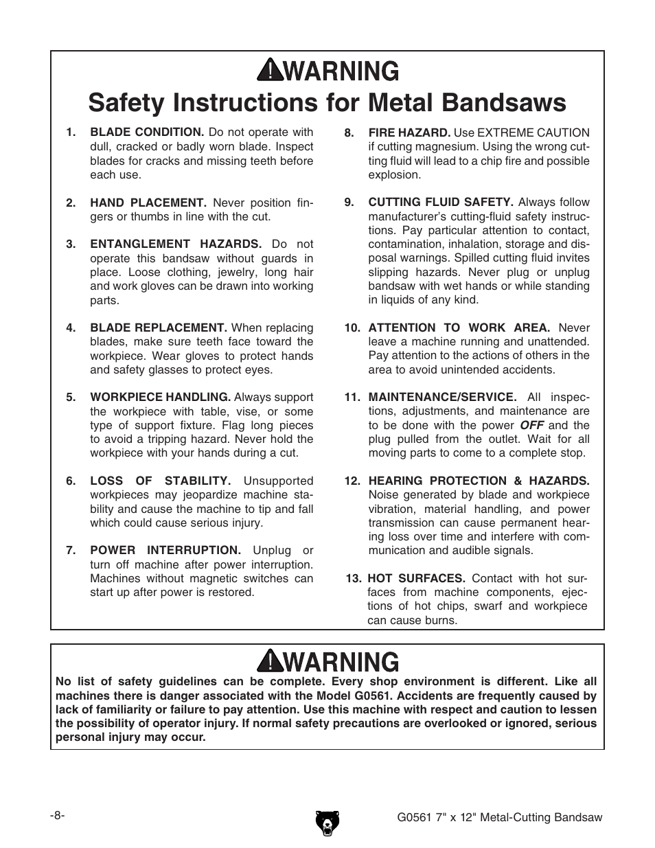 Safety instructions for metal bandsaws | Grizzly G0561 User Manual | Page 10 / 52