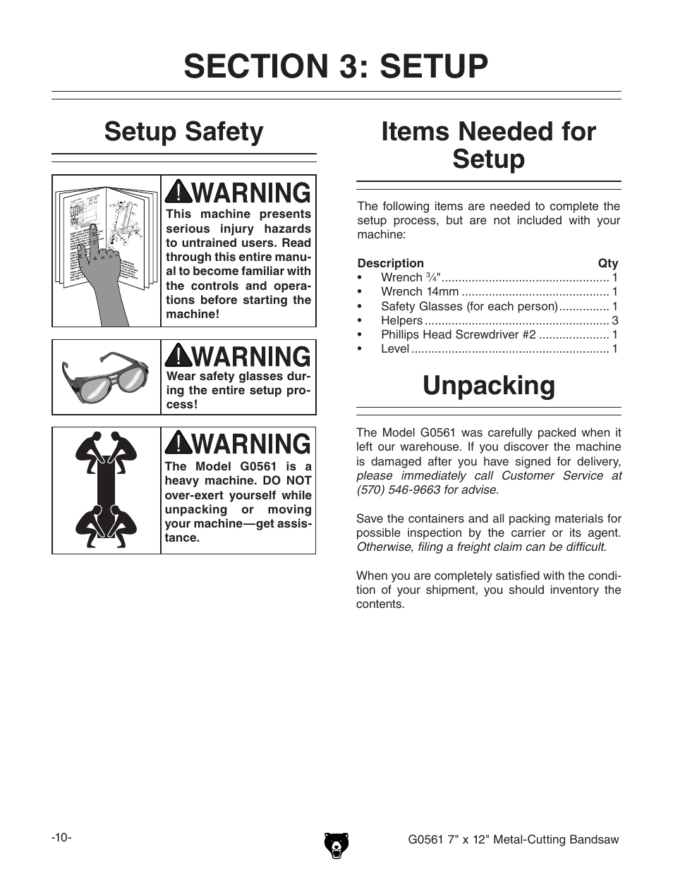 Unpacking setup safety, Items needed for setup | Grizzly G0561 User Manual | Page 12 / 52