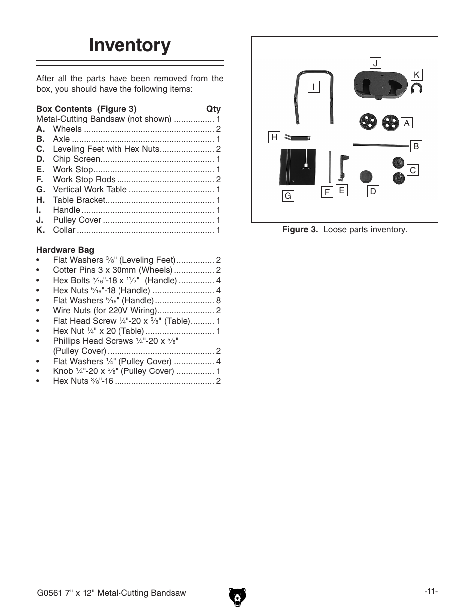 Inventory | Grizzly G0561 User Manual | Page 13 / 52