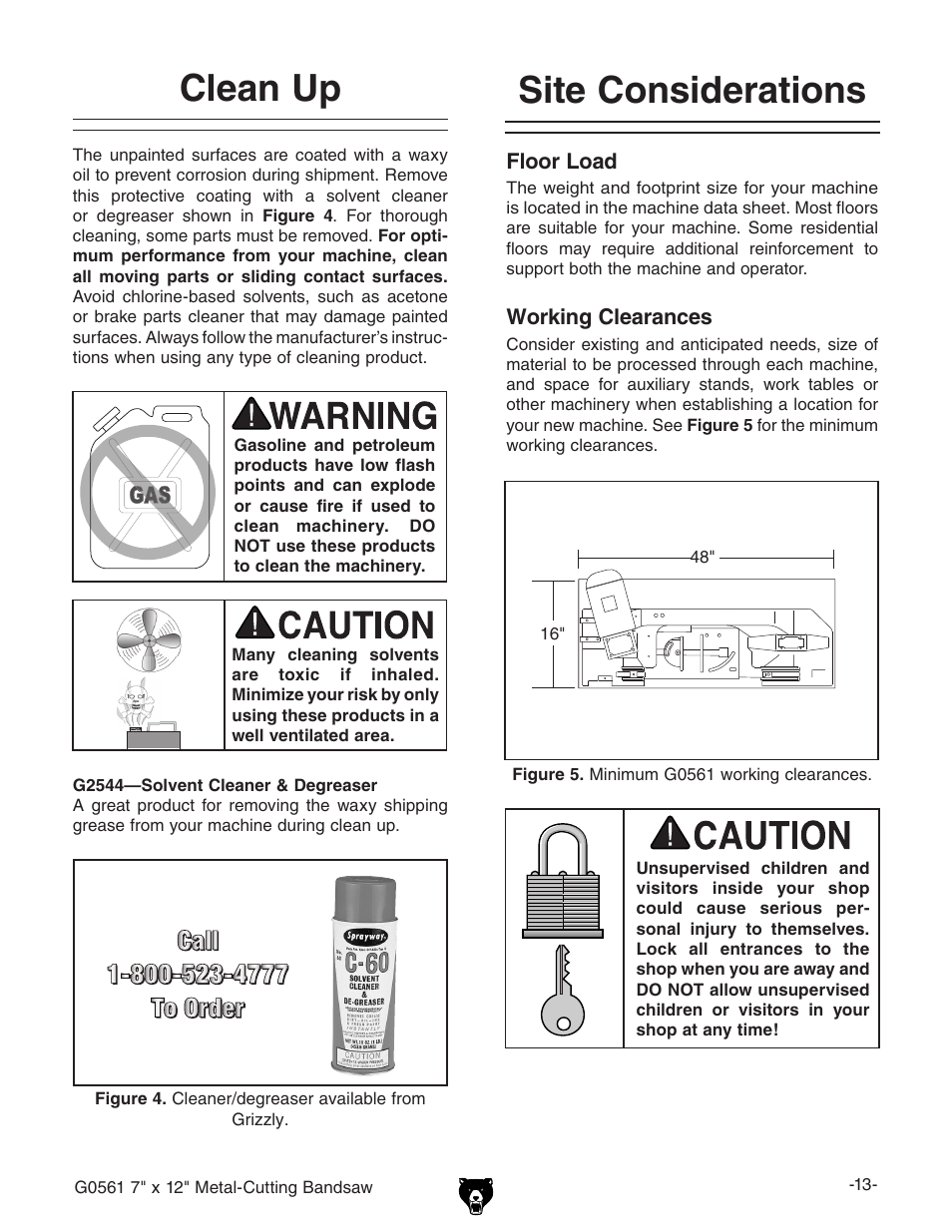 Site considerations, Clean up | Grizzly G0561 User Manual | Page 15 / 52